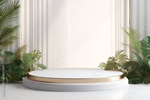 Beauty  fashion  make-up  product concept. Minimalist product placement white podium with leaves and flowers in background and copy space. Minimalist and luxury style. Generative AI