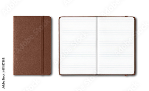 Brown closed and open lined notebooks isolated on transparent background