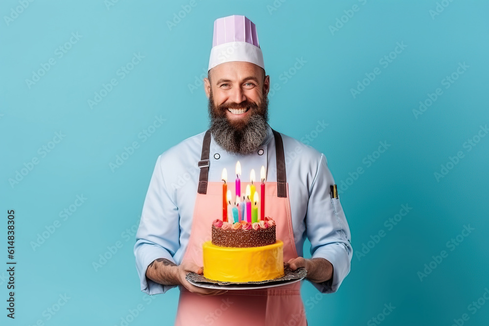 Confectioner man in uniform with cake showing dessert on blue background. Bakery or happy birthday concept. Space for text. Generative AI Confectioner man in uniform with cake showing dessert on blue background. Bakery or happy birthday concept. Space for text. Generative AI