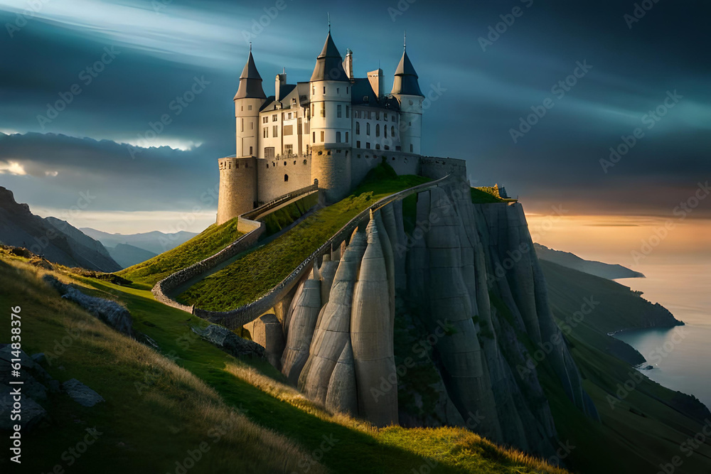 Beautiful Castle on hilltop covered with green grass and flowers, Created with AI Beautiful Castle on hilltop covered with green grass and flowers, Created with AI