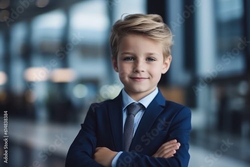 portrait of smiling schoolboy in suit with crossed arms at school