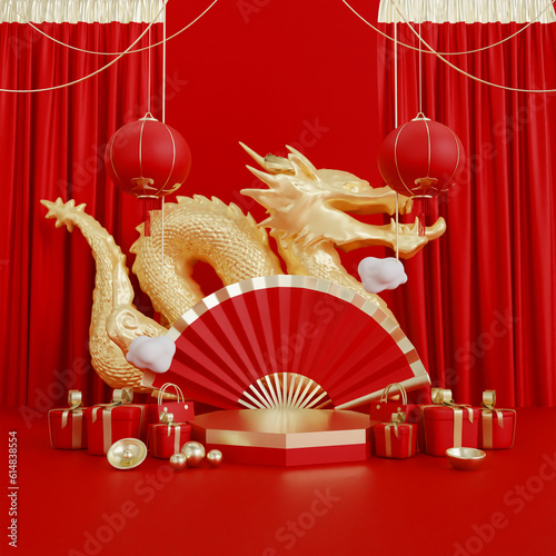Chinese new year red podium and gift box, lantern, dragon, product stand pedestal podium background with curtain. 3D rendering