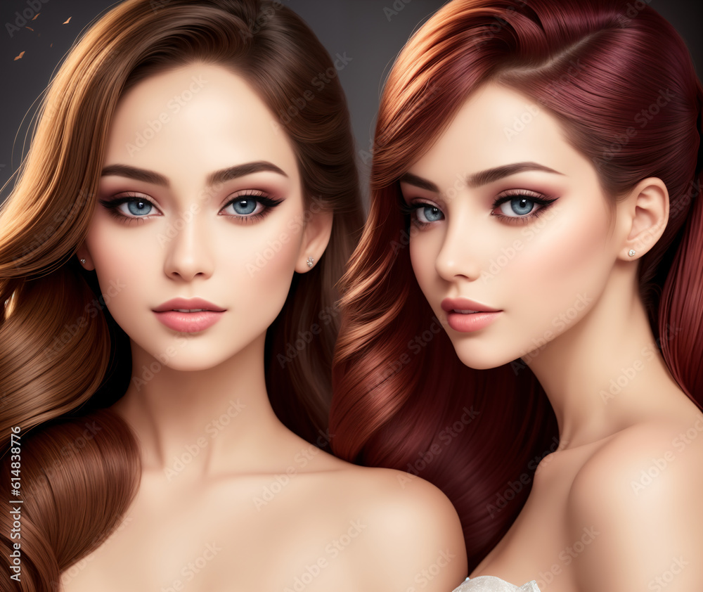 Mesmerizing photo featuring a dynamic duo of women with flowing hair. Perfect for fashion and beauty campaigns, exuding a captivating blend of elegance and individuality. Mesmerizing photo featuring a dynamic duo of women with flowing hair. Perfect for fashion and beauty campaigns, exuding a captivating blend of elegance and individuality.