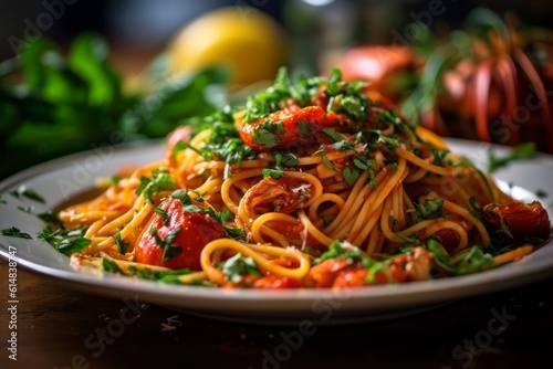 Aragosta Fra Diavolo served on a white plate with a garnish of fresh parsley photo