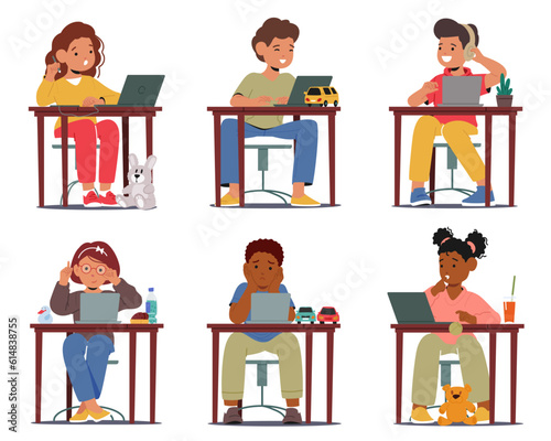 Set Engaged Kids Characters Sitting Attentively At Desks Immersed In Learning And Working On Laptops