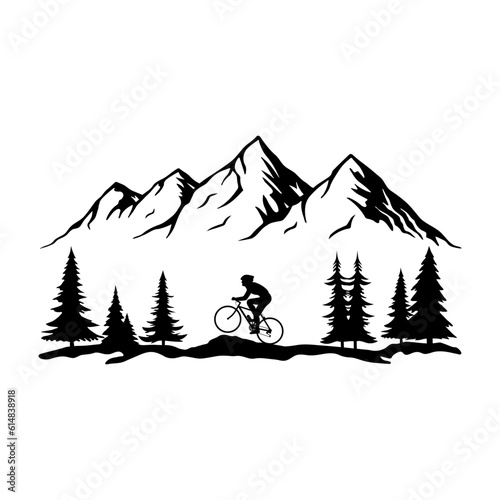Cyclist in the Forest and Mountain, Hand Drawn Vector Illustration