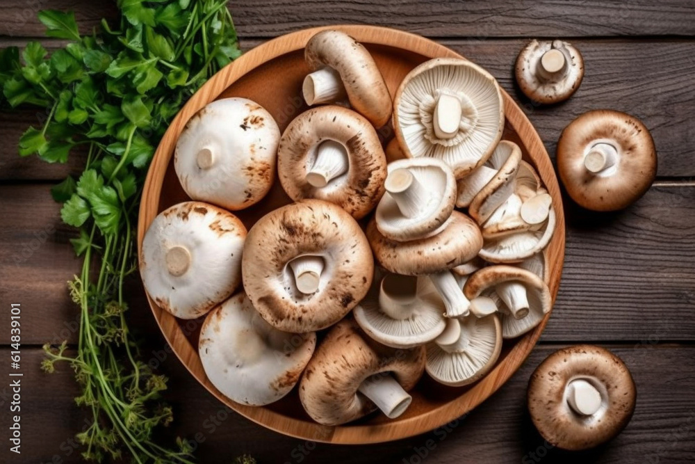 top view of mushrooms in and on a round brown platter top view of mushrooms in and on a round brown platter