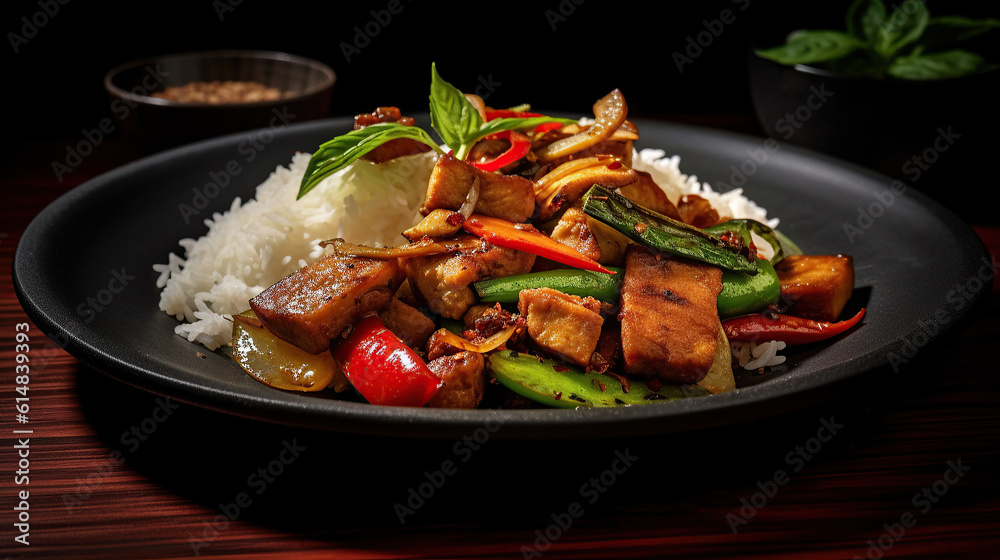 Stir fried Thai basil with crispy pork and chilli on topped rice - Thai local food style Stir fried Thai basil with crispy pork and chilli on topped rice - Thai local food style