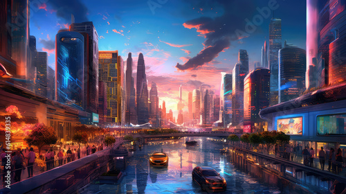 Colourful futuristic view of a city at sunset. Generative ai.