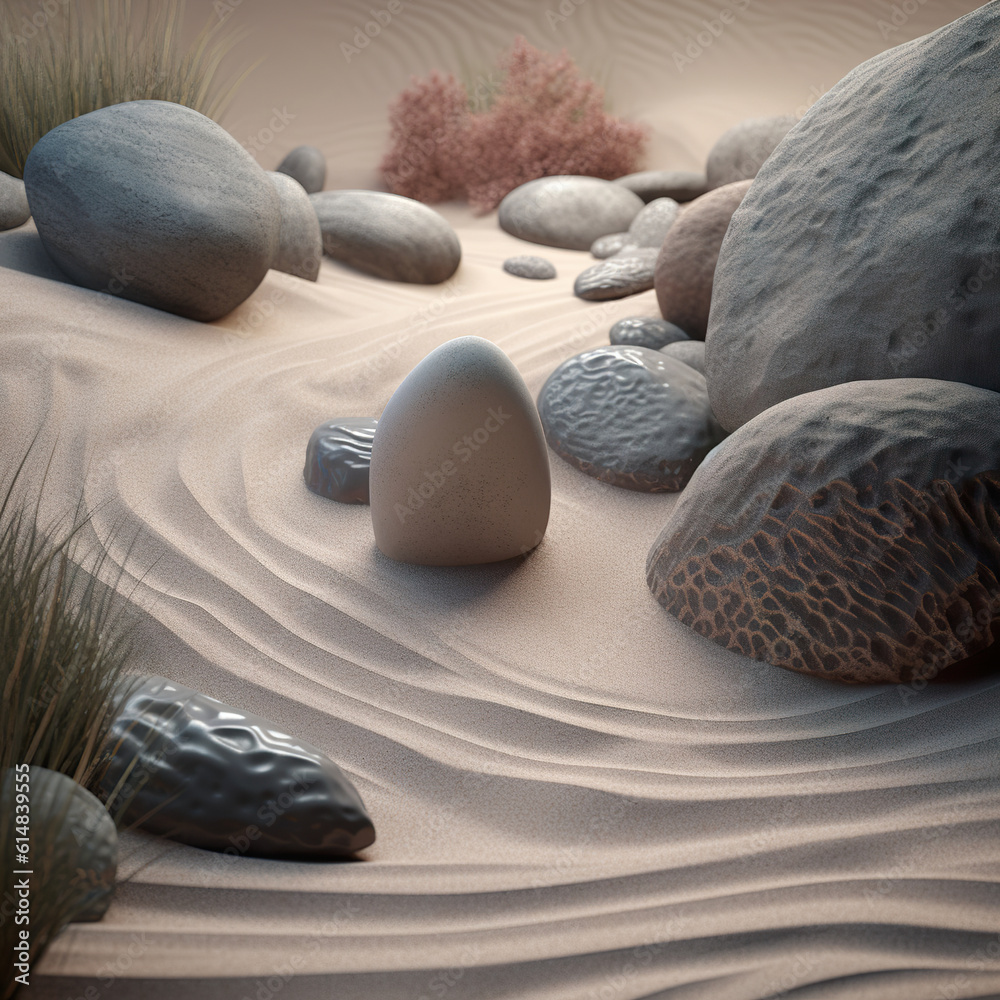 Zen garden for meditation with sand in soft color. Depth of field