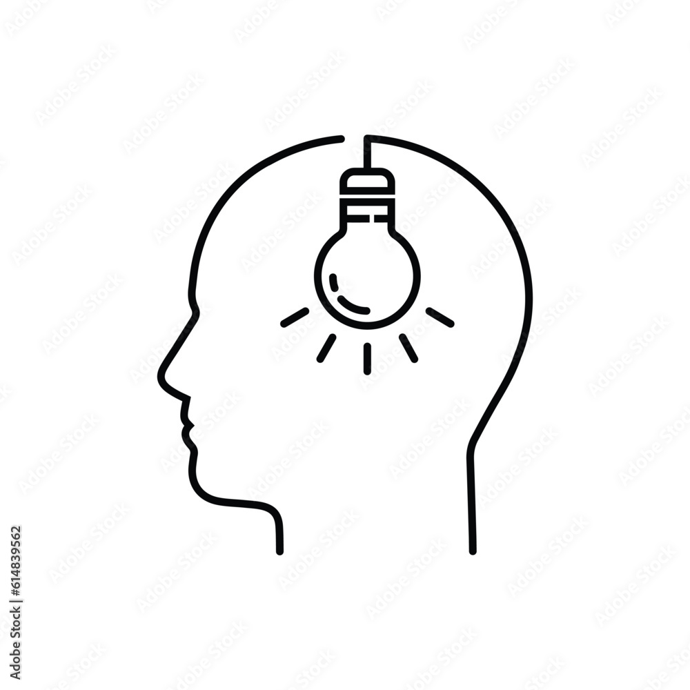 human head with thin line light bulb. concept of brainstorm or thinking ...