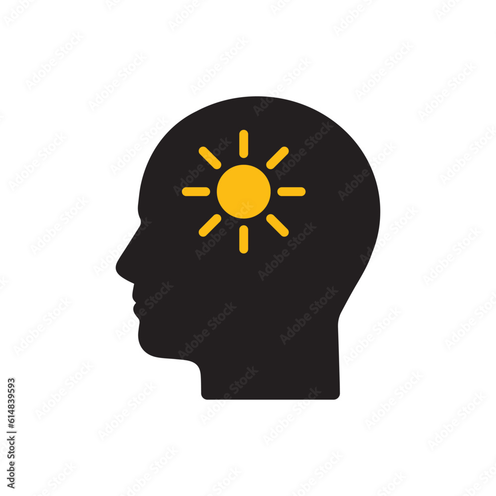 black head with sun like happy sunny mood icon. flat cartoon style trend modern mentality logotype graphic art design element isolated on white background. concept of easy lifestyle or mental health black head with sun like happy sunny mood icon. flat cartoon style trend modern mentality logotype graphic art design element isolated on white background. concept of easy lifestyle or mental health