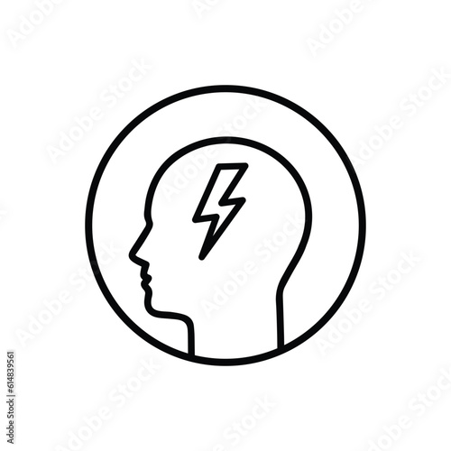human head with thin line lightning like insight. concept of genius person and eureka or evrika and frustration. stroke trend modern lineart knowledge logotype graphic linear design isolated on white