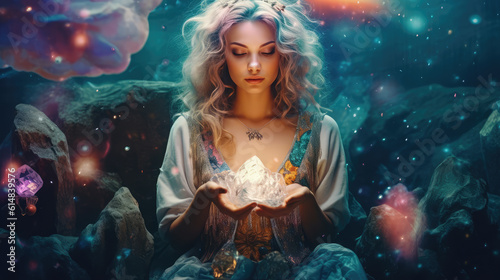 Ethereal blonde haired woman holding a diamond or crystal in the shape of a chiselled love heart. Generative Ai
