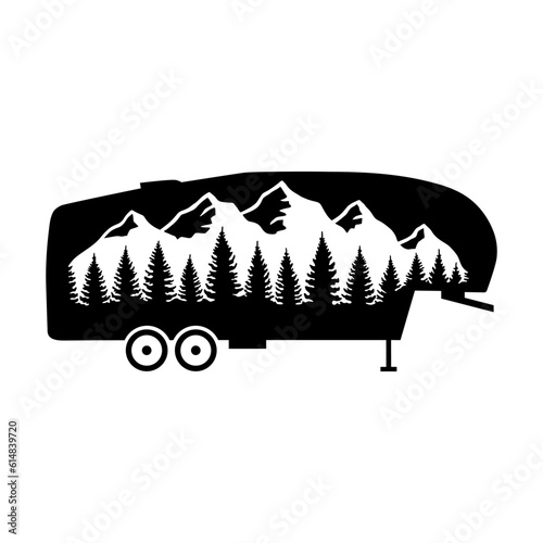 5th Wheel RV Camper, Forest and Mountain, Hand Drawn Vector Illustration