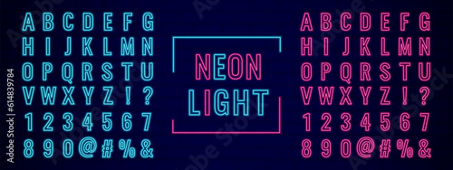 neon alphabet, pink and blue, words, vector font, numbers and symbols, glowing text
