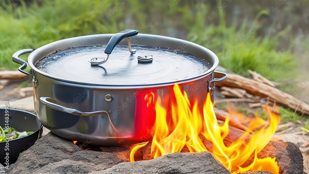 Cooking food in pot over campfire outdoor - ai generated Cooking food in pot over campfire outdoor - ai generated