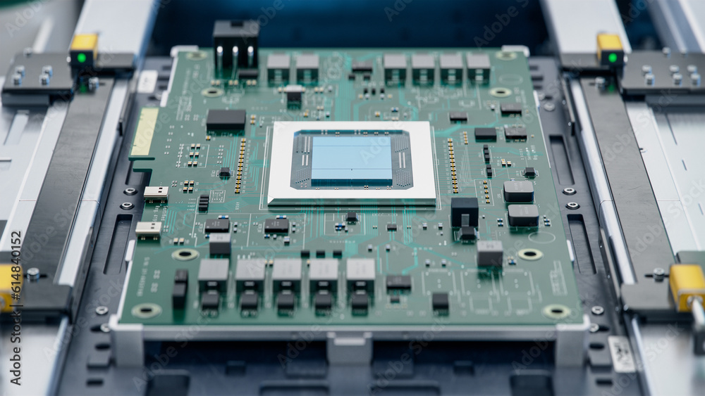 Close-up of Advanced Circuit Board with AI Acceleration Microchip. Electronics Manufacturing Facility or Factory. Electronic Devices Production Industry. Fully Automated PCB Assembly Line. Close-up of Advanced Circuit Board with AI Acceleration Microchip. Electronics Manufacturing Facility or Factory. Electronic Devices Production Industry. Fully Automated PCB Assembly Line.
