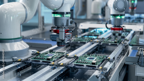 Component Installation and Quality Control of Circuit Board. Fully Automated PCB Assembly Line Equipped with High Precision Robot Arms at Electronics Factory. Electronic Devices Manufacturing Industry photo