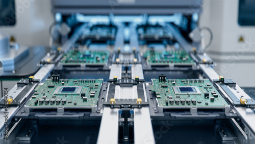 Advanced Circuit Boards on Assembly Line. Electronic Devices Production Industry. Fully Automated PCB Assembly Line. Electronics Manufacturing Facility or Factory.