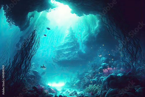 Underwater river or seascape with tree roots, tropical fish, and algae illustration.