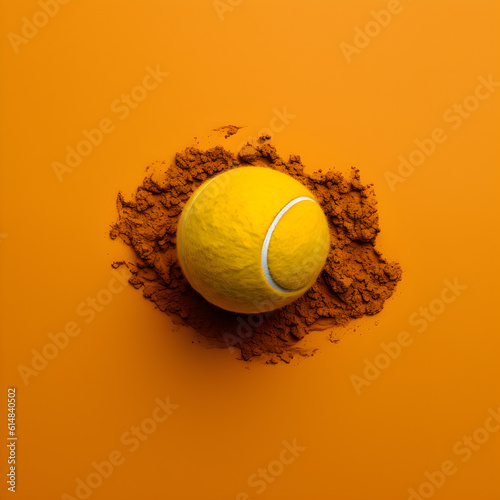 yellow tennis ball on clay, minimalist concept