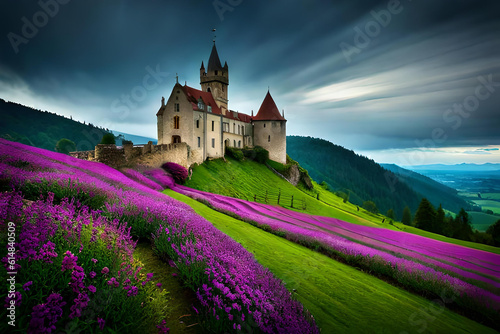 Beautiful Castle on hilltop covered with green grass and flowers, Created with AI