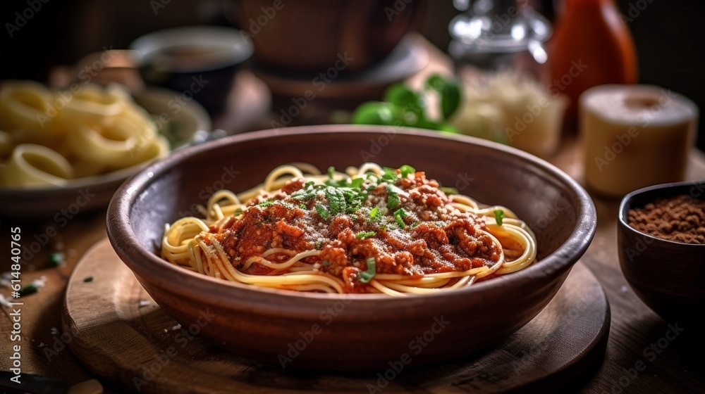 Spaghetti Bolognese served in a rustic ceramic bowl on a wooden table, accompanied by garlic breadsticks Spaghetti Bolognese served in a rustic ceramic bowl on a wooden table, accompanied by garlic breadsticks