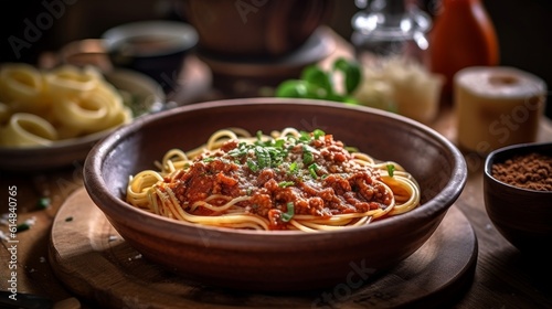 Spaghetti Bolognese served in a rustic ceramic bowl on a wooden table, accompanied by garlic breadsticks