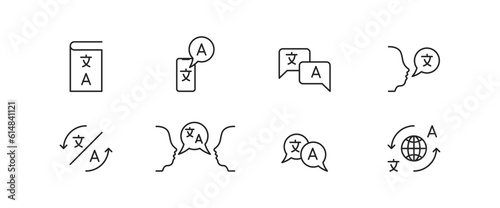 Translation line icon set. Dictionary, communication, online translation. Vector EPS 10