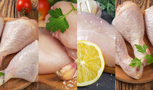 collage of fresh raw chicken parts with spices