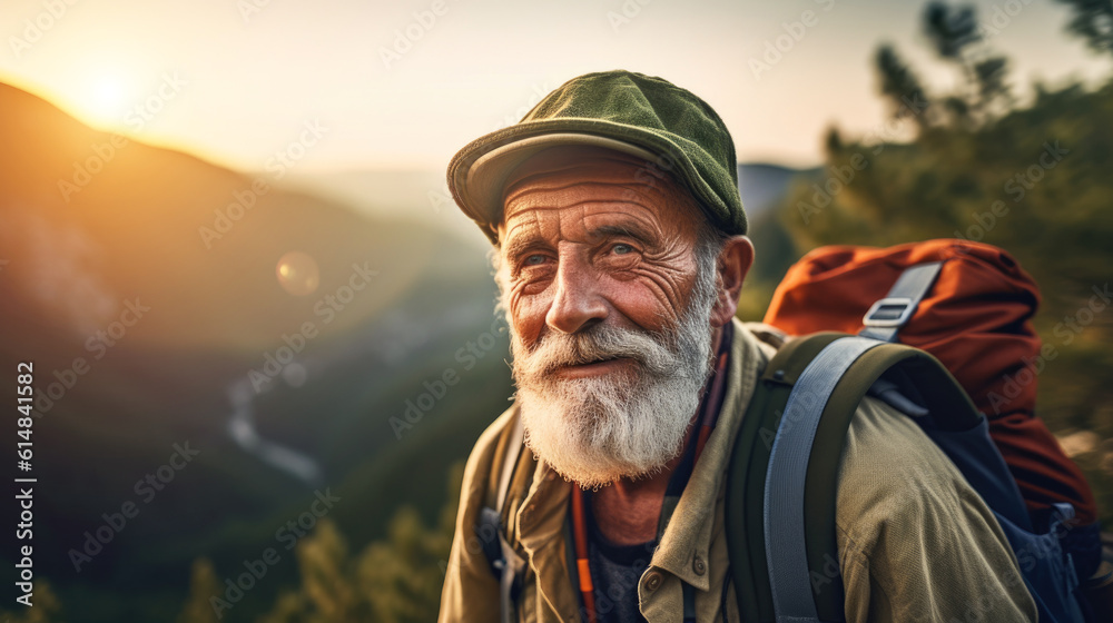 The old man goes camping, trekking, uniting with nature. There is a backpack and a sleeping pad on the back. Take a refreshing cough