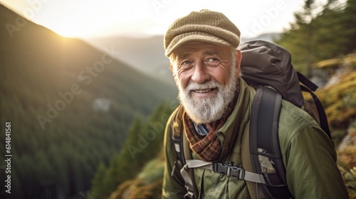 The old man goes camping, trekking, uniting with nature. There is a backpack and a sleeping pad on the back. Take a refreshing cough