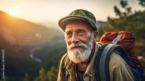 The old man goes camping, trekking, uniting with nature. There is a backpack and a sleeping pad on the back. Take a refreshing cough
