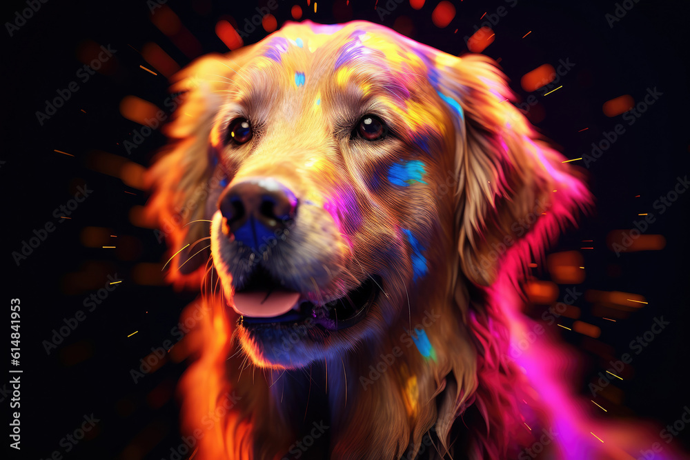 Abstract of pet cute dog Golden retriever portrait with multi colored colorful on  skin body and hairs paint, Vibrant bright gradients background, with Generative AI.