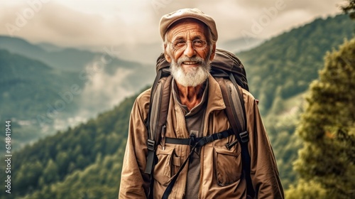 The old man goes camping, trekking, uniting with nature. There is a backpack and a sleeping pad on the back. Take a refreshing cough