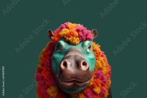 Abstract animal Hippopotamus portrait with colorful Afro hairs wearing sunglasses in Hawaii dress theme, Vibrant bright gradients background, with Generative AI.