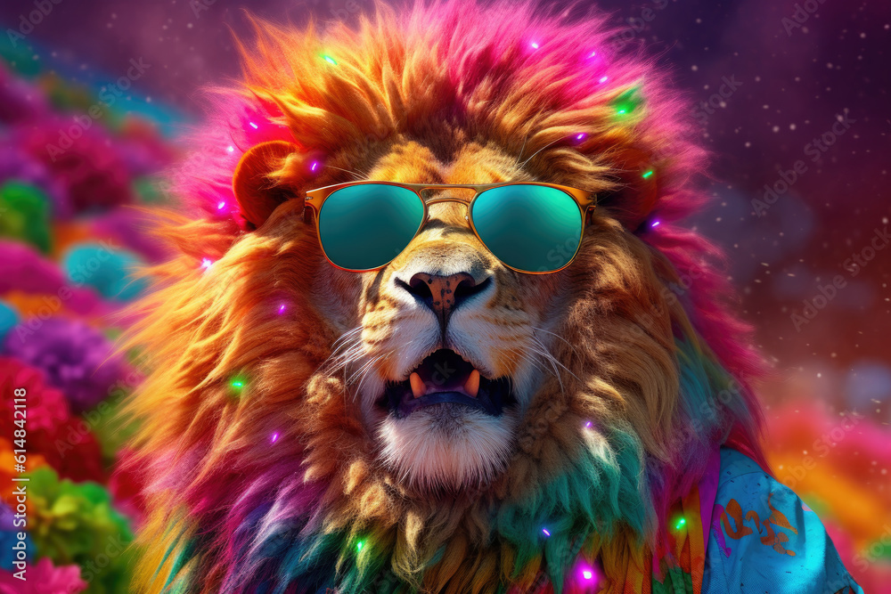 Abstract animal king of Lion portrait with colorful Afro hairs wearing sunglasses in Hawaii dress theme, Vibrant bright gradients background, with Generative AI.