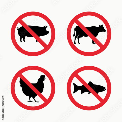 No pork, chicken, fish, and beef meat signs. No animal sign symbol icon collection vector