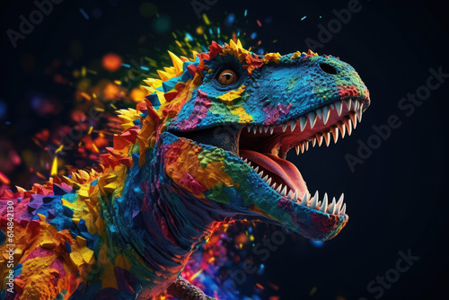 Abstract of Tyrannosaurus rex or T-rex dinosaur portrait in Cretaceous period with multi colored colorful on skin body paint, Vibrant bright gradients background, with Generative AI.