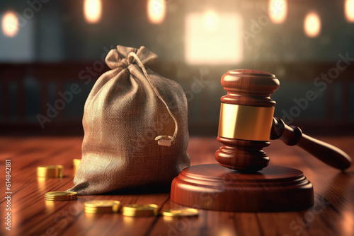 Close up of gavel and money bag wit stack of coins and money, business concept, invested management, with Generative Ai.