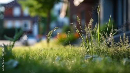 Close-up of grass on the sidewalk near the house, shallow depth of field, bokeh, ground level shot. AI generated