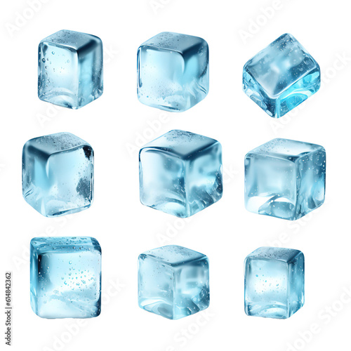 Set of pieces of pure blue natural crushed ice. Ice cubes. Isolated on transparent