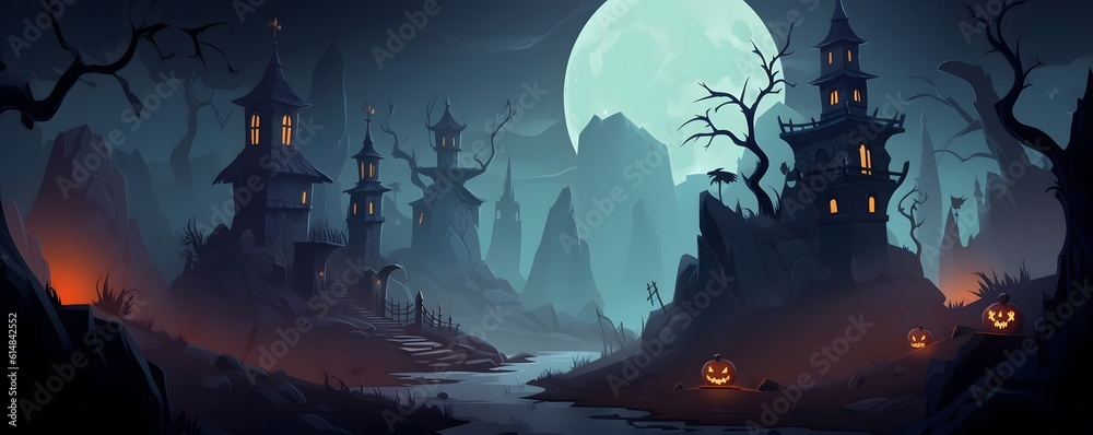 Halloween background with pumpkins, bats and graveyard. Halloween background with spooky graveyard and full moon.