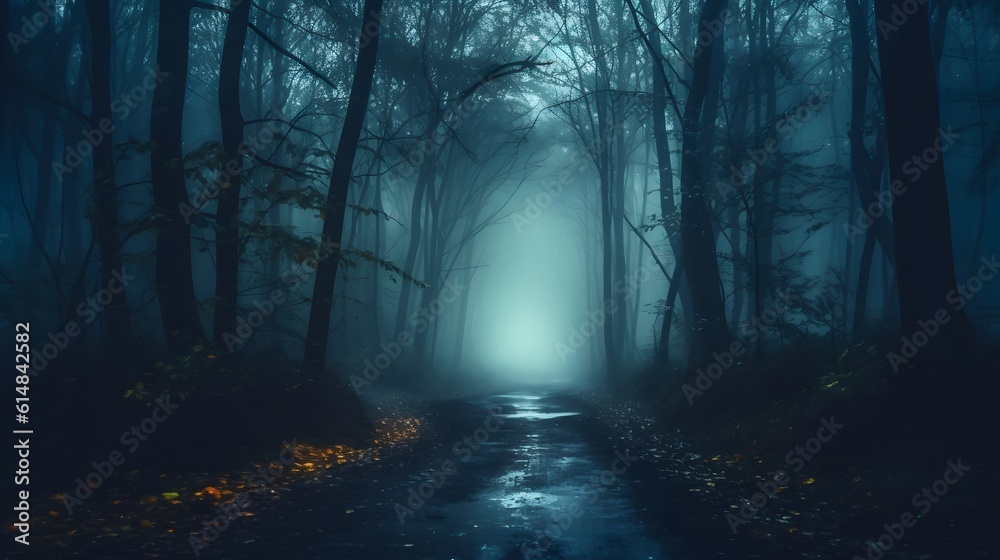Mystical dark scary forest with fog and footpath. Halloween background.