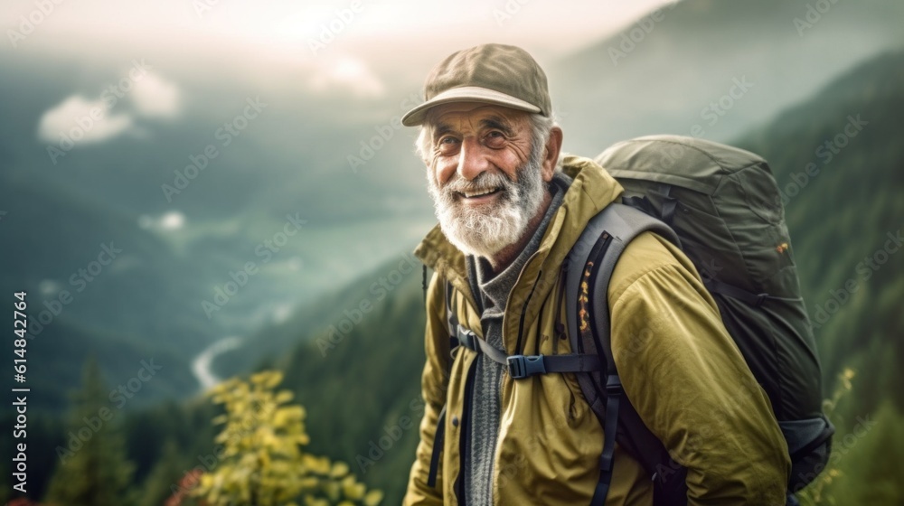 The old man goes camping, trekking, uniting with nature. There is a backpack and a sleeping pad on the back. Take a refreshing cough