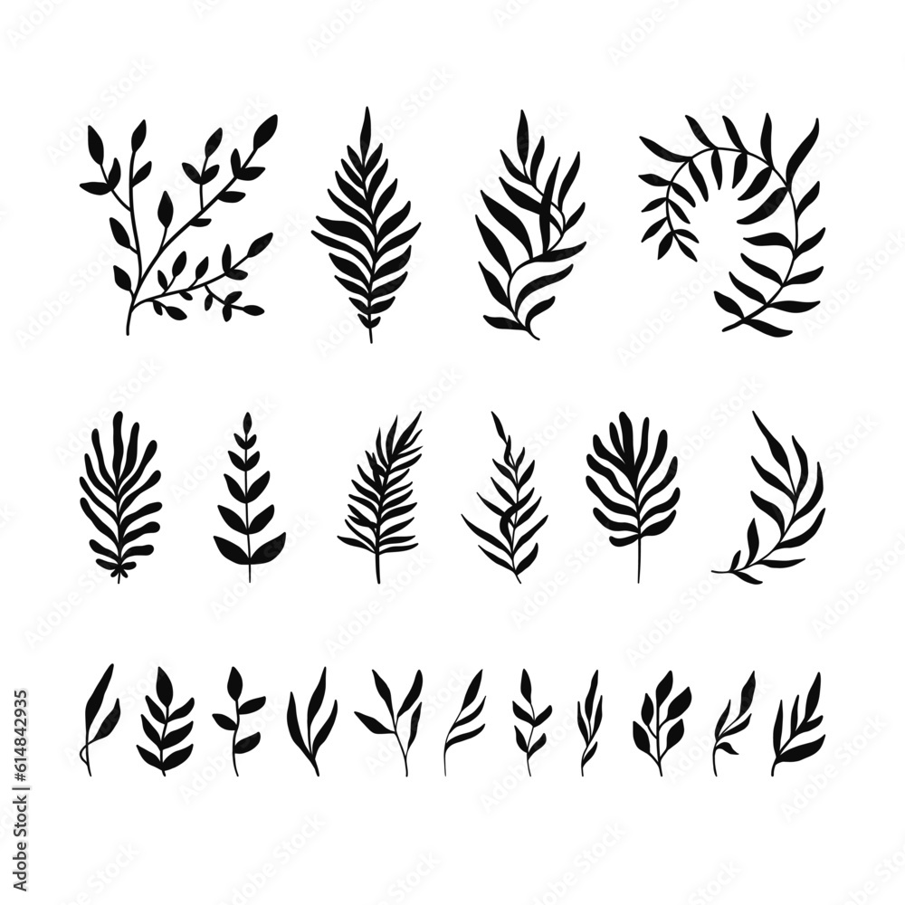 Modern botanical elements, vector leaves and palm branches. Matisse style floral decor. Modern botanical elements, vector leaves and palm branches. Matisse style floral decor.