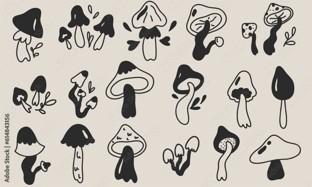 Set of psychedelic mushrooms, hallucinogenic forest plants, black and white. Cartoon fairy forest alien mushrooms, hippie style, flat design. Collection of psychedelic mushrooms. Set of psychedelic mushrooms, hallucinogenic forest plants, black and white. Cartoon fairy forest alien mushrooms, hippie style, flat design. Collection of psychedelic mushrooms.