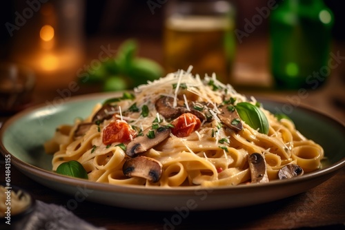 Fettuccine Alfredo topped with sauteed mushrooms and freshly chopped basil