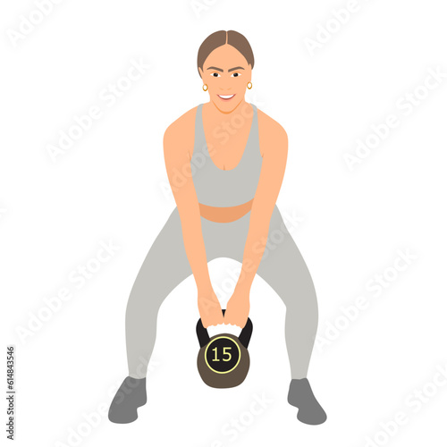 Young woman lifting a 15kg kettlebell vertical portrait isolated on white background flat simple style vector image photo